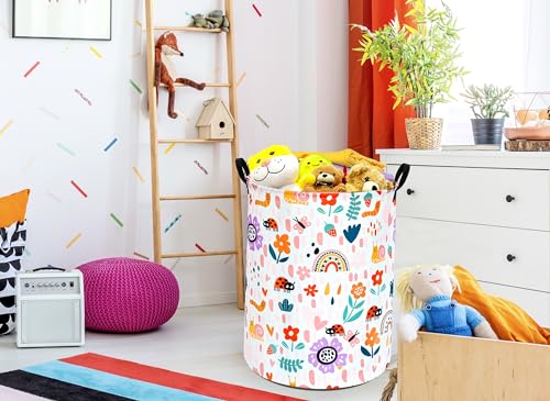 Image of Round Ladybug Pattern Laundry Hamper Storage Basket Fabric Material Storage Hamper Organization Basket, Storage Bin, Gift Box with Handles for Room