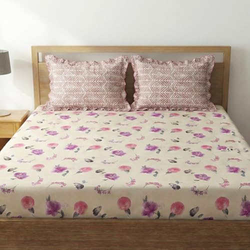 Image of Home Sizzler Microfibre Floral Print Double Fitted Bedsheet, 72x78 inch, Cream & Pink with 2 Ruffled Edge Pillow Covers