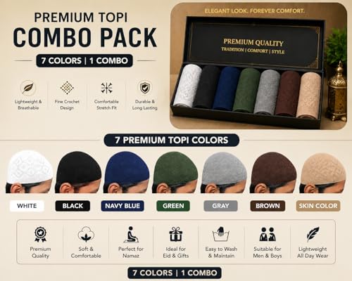 Image of Crochet Islamic Namaz Topi, White, Blue, Green, Grey, Brown, Stretch Fit, Lightweight, Pack of 7