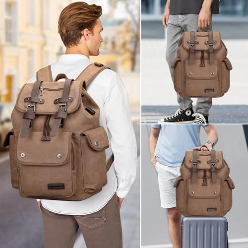 Image of WITZMAN Canvas Backpack for Men Vintage Rucksack Fits 15.6 inch Laptop | Drawstring Backpack, Travel High Capacity Casual Daypack with USB Charging Port, For Vacation, Overnight Trip, A8004 Brown