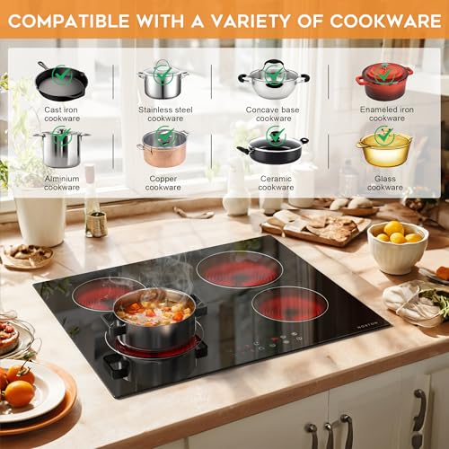 Image of Noxton 24 Inch Electric Cooktop 4 Burners, Built in Electric stove top, Sensor Touch Ceramic Cooktop with Safety Lock, Timer, 6000W 220~240V (No Plug)
