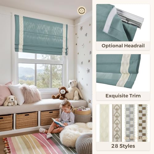 Image of TWOPAGES Isabella No Drill Cordless Roman Shade Linen Textured Cotton Roman Blind for Windows, Custom Made Room Darkening Blackout Roman Window Shade, Hardware Included, Slate Blue, 1 Piece