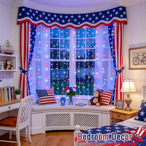 Image of JMEXSUSS 200 LED Red White and Blue Curtain Lights, 6.5ft x 6.5ft | 4th of July Lights USB Plug in, 8 Modes Patriotic Hanging String Lights with Remote for Memorial Day Independence Day Decor