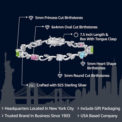 Gem Stone King 925 Sterling Silver Customized and Personalized Round Oval Princess and Heart Shape Gemstone Birthstone and White Moissanite Flower and Leaf Tennis Bracelet For Women2