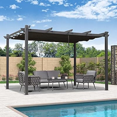 PURPLE LEAF 11' X 13' Outdoor Pergola with Retractable Canopy Aluminum Shelter for Porch Garden Beach Sun Shade Grape Trellis Pavilion Grill Gazebo Modern Backyard Deck Metal Patio Pergola Gray