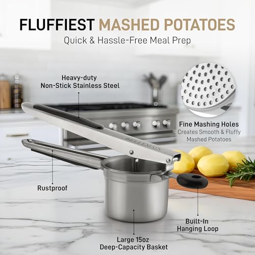 Bellemain 15oz Large Potato Ricer for Mashed Potatoes, Stainless Steel Mashed Potato Masher & Squeezer, Easy-To-Clean Professional-Grade Hand Vegetable Ricer, Kitchen Tool, Food Press & Food Mill