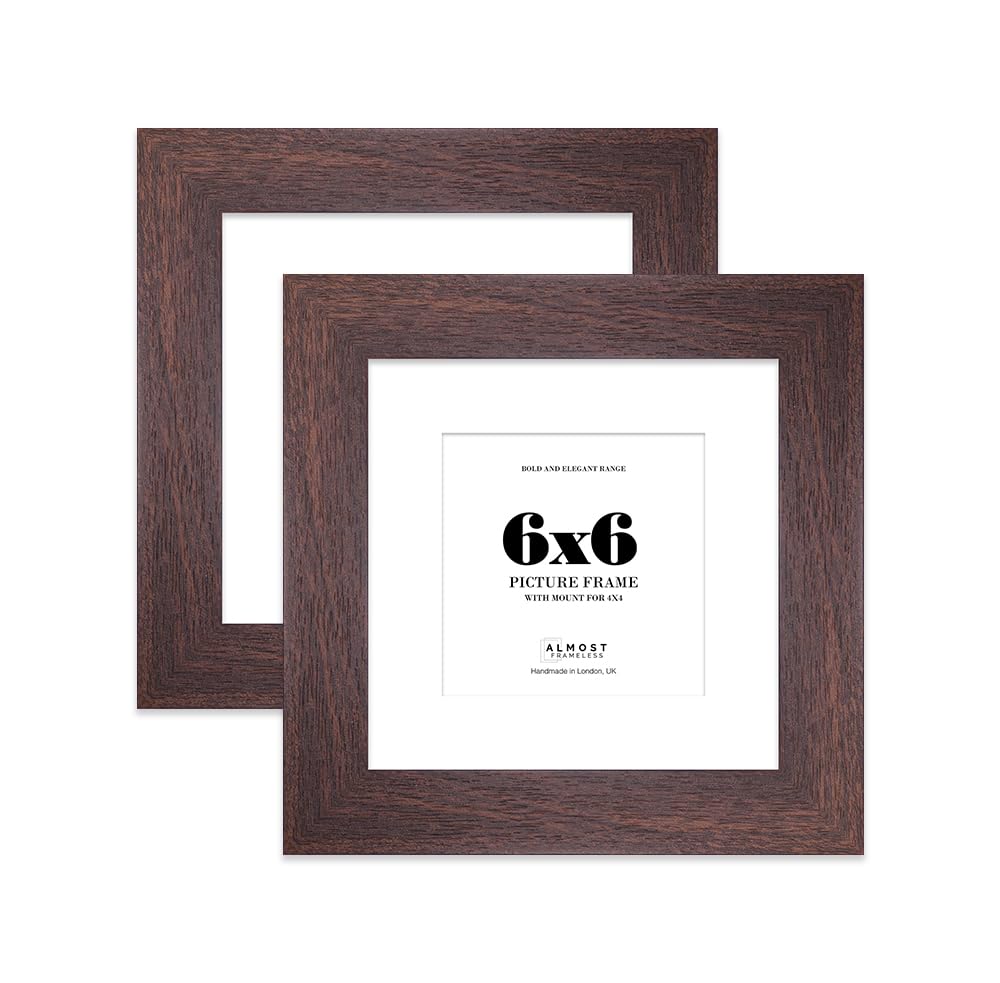 6x6" Walnut Square Frame With Mount for 4x4" Pictures 28mm Edge Frame Display with Wall Hooks and Kickstand, 2 Pack
