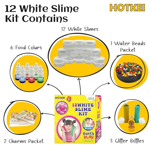 Image of HOTKEI (12 White Slime kit) DIY Clear Color Fruit Scented DIY Toy Slimy Gel Jelly Putty Set Art kit Toys for Boys Girls Kids 3 to 10 Years 600 gm Slime with Glitter| Charms | Star | Beads Set
