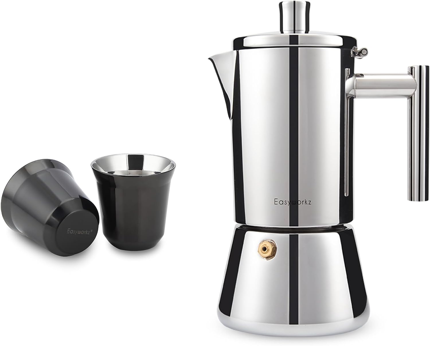 Easyworkz Stainless Steel Espresso Cup 2pcs Set Double Wall (Black, 5 oz), Bundled with Diego Stovetop Espresso Maker Stainless Steel Italian Coffee Machine Maker 12Cup 17.5 oz Induction Moka Pot