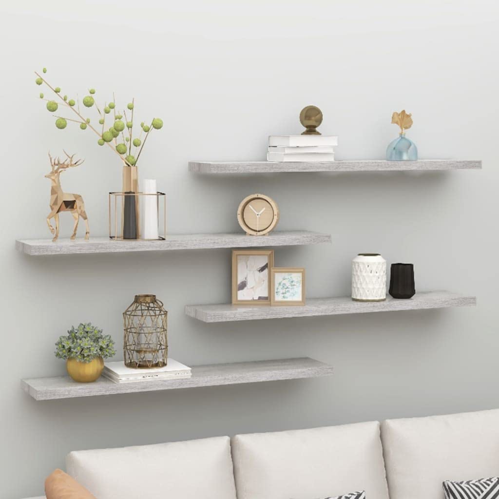 Estantería de pared para salón, 4 unidades, color gris hormigón, 120 x 23,5 x 3,8 cm, MDF, fácil expansión de la superficie de la pared, estantería de almacenamiento para dormitorio, sala de estar