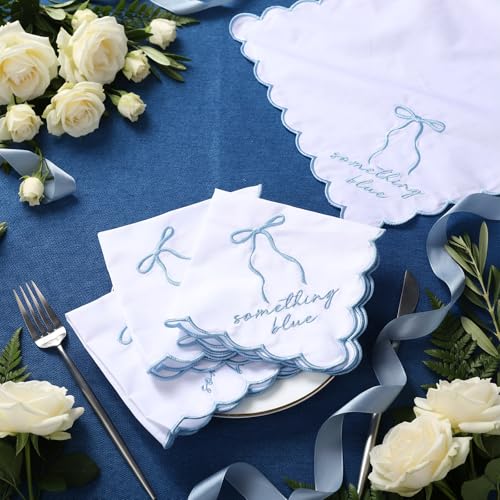 Image of Tioncy 6 Pcs Wedding Handkerchiefs 12 Inch Bride Embroidered Handkerchiefs Something Blue Cotton Hankies Gifts for Wedding