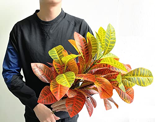 Magrowie Artificial Croton Plant Leaf Branches Lifelike Tropical Houseplant Bush Stems For Home Office Decoration (Orange - Pack Of 4) #TOP1