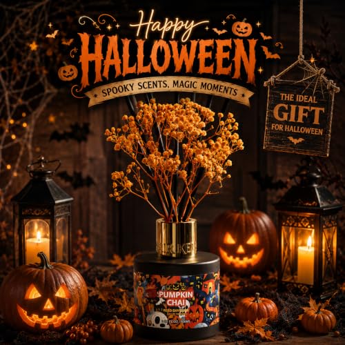 Image of Airkeep Halloween Reed Diffuser Set,3.38 fl oz (100 ml) - Pumpkin Chai Oil Diffusers with 8 Reed Sticks, Home Fragrance Reed Diffuser for Bathroom Shelf Decor