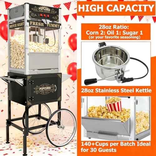 Image of 28Oz Commercial Popcorn Machine With Wheels - Stainless Steel Kettle Vintage-Style Popper Cart On Wheels With Tempered Glass Pop-corn Machine Maker For Home, Parties, Movie Theater (Black, 28oz) | 28OZ Stainless Steel Kettle, Tempered Glass Professional Pop Corn Maker, Large Capacity for Hallloween, Wedding Party, Office