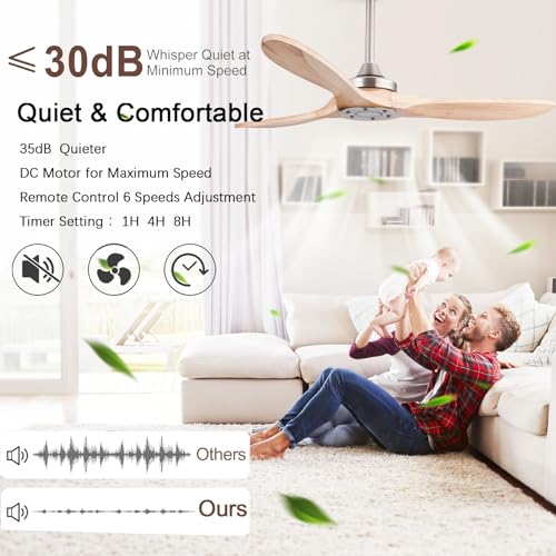 Image of QUTWOB 42 inch Wood Ceiling Fan No Light, Reversible DC Motor, Remote Control | solid wood blades, quiet 6-speed reversible dc motor, remote control, no light, for indoor outdoor patio garage bedroom