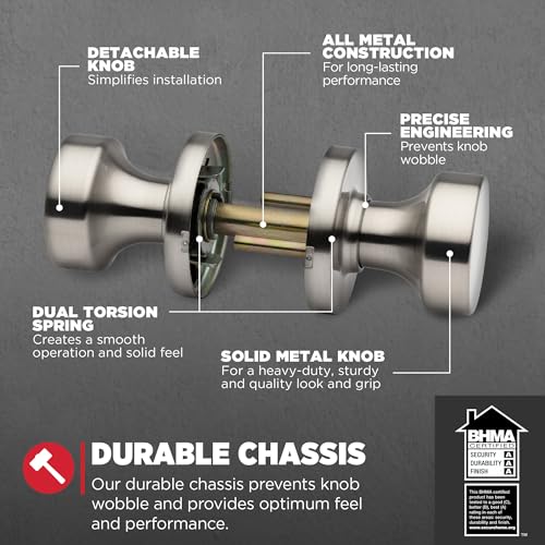Image of Kwikset Pismo Interior Passage Door Knob, Handle For Closet and Hallway Doors, Non-Locking Doorknob in Satin Nickel, with Microban Protection