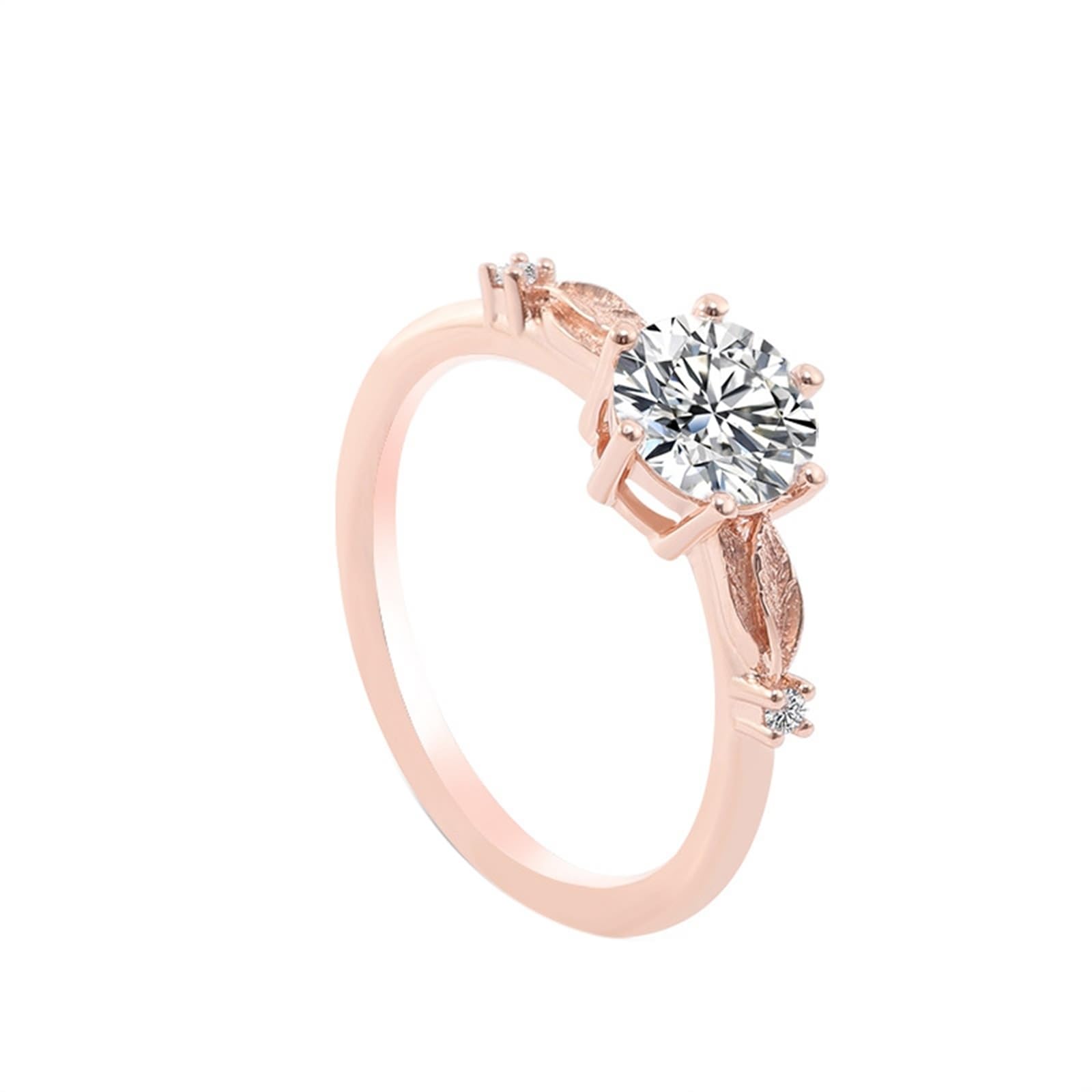 Wycian Anello di fidanzamento moissanite 9 K foglia oro rosa con 6 artigli. Moissanite rotonda misura 45 (14,3) elegante per lesbiche incisione natale