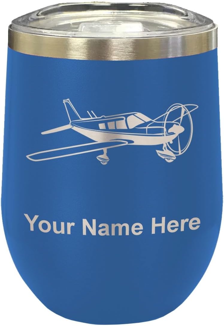 LaserGram 16oz Double Wall Stainless Steel Wine Glass Tumbler, Low Wing Airplane, Personalized Engraving Included (Black)