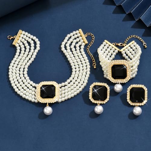 Geometric Square Rhinestones Pearl Choker Earrings Stretch Bracelet for Wedding Brides Vintage Mulit Layer Pearl Jewelry Set3