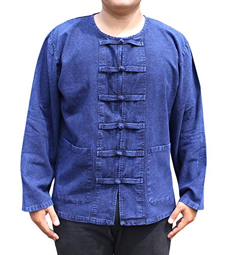 RaanPahMuang Traditional Thai Indigo Dyed Farmers Shirt Long Sleeve Open Collar