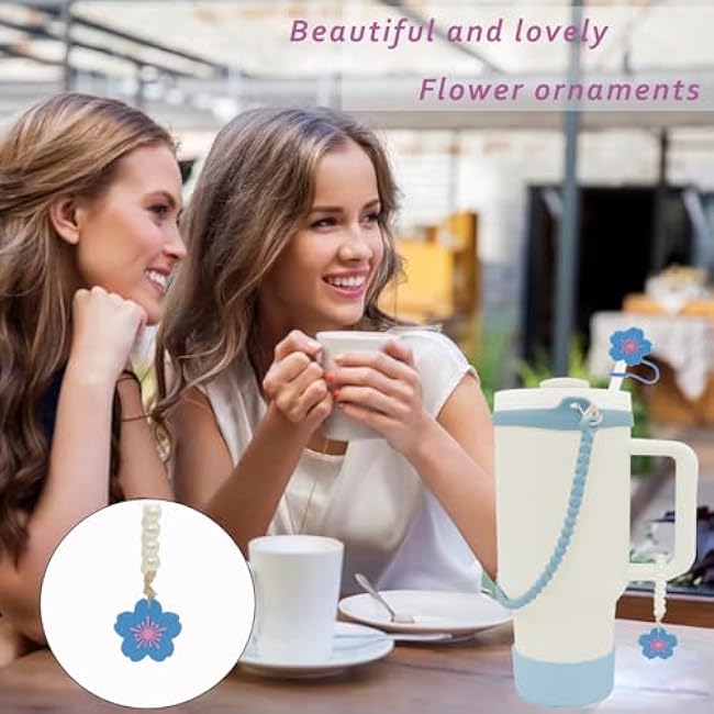 XIANGYUAN 6 Pcs Stanley Cup Accessories for Stanley Cup 40oz or 30oz,Includes Unique 10mm Flower Letter Straw Toppe,Water Bottle Handle Strap,bottom protector(Bule Flower)