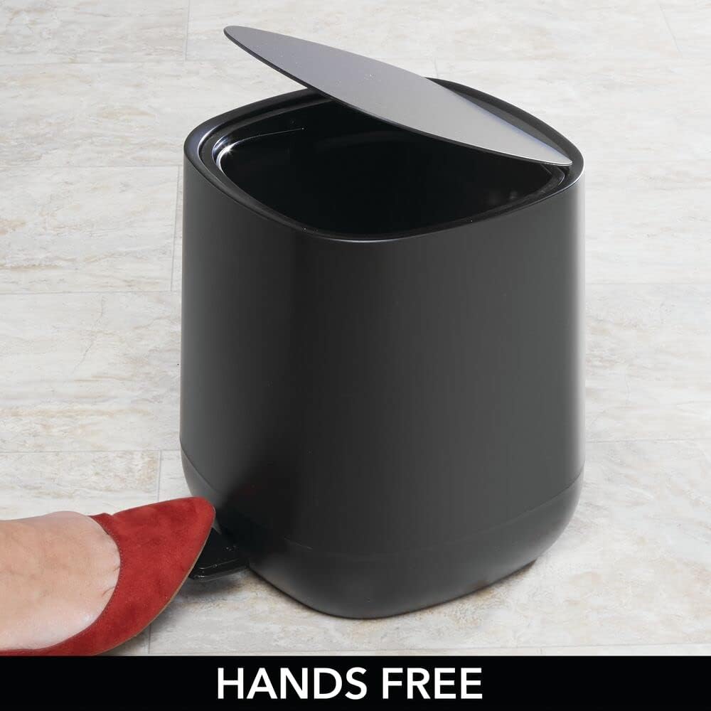mDesign Plastic 1.3 Gallon/5 Liter Trash Can Waste Basket for Bathroom with Lid, Step Pedal Dustbin, and Removable Liner Bucket - Small Garbage Bin for Bathroom, Bedroom, or Office - Black