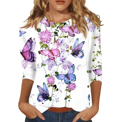 Womens Tops, Tunic Summer Tees for Womens 3/4 Sleeve Basic College Butterfly Stretch Tops Peplum Fit Crewneck Polyester T Shirts Womens Purple