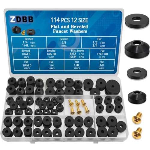 ZDBB 114 pcs Flat and Beveled Faucet Washers and Brass Bibb Screws Assortment for Use with Assorted Quick-Opening Style Faucets Stem Worn Out Washer Replacements Black