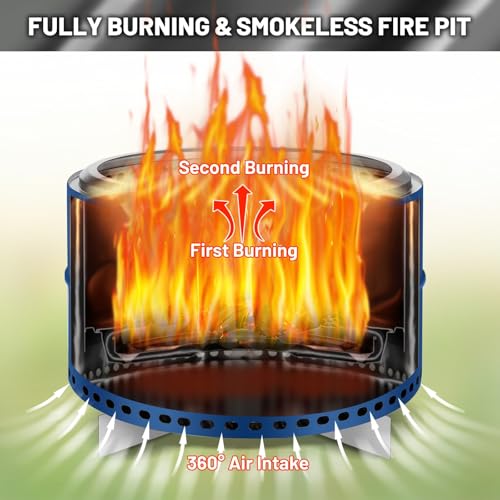 Smokeless Firepit, 27 Inch Stainless Steel Outdoor Portable Fire Pit with Removable Ash Pan and Carry Bag, Wood Burning Firepits for Outside with Stand, Ideal for 6 or More People, Blue