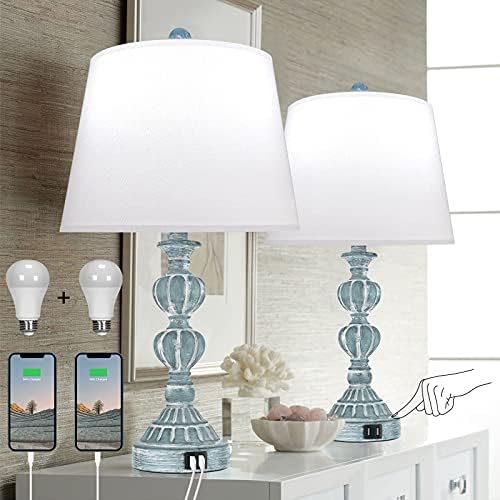 Touch Control Table Lamp Set of 2, 3-Way Dimmable Bedside Nightstand Lamp with 2 USB Charging Ports, Coastal Farmhouse Desk Lamp with Tapered Drum Shade for Living Room, Bedroom - Blue Washed White