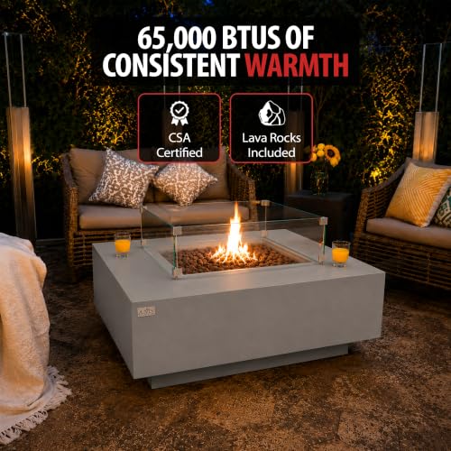 Image of AMS Creations | Brooklyn 40 inch Bundle Square Propane Gas Outdoor Fire Pit Table | Light Gray Concrete GFRC Smooth Texture Surface Fire Pit Table