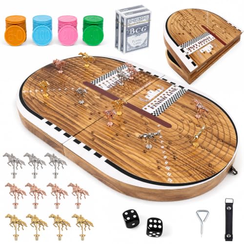 26.4in Wooden Horse Race Board Game for Adults – Foldable Horse Racing Game Board with 11 Metal Horses, 2 Jumbo Dice, 2 Decks of Cards, 2 Boxes of Chips – Party Horse Game Night for Family & Friends
