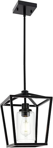Lámpara colgante de metal de 1 luz, color negro mate, lámpara colgante industrial con vidrio transparente para comedor, isla de cocina