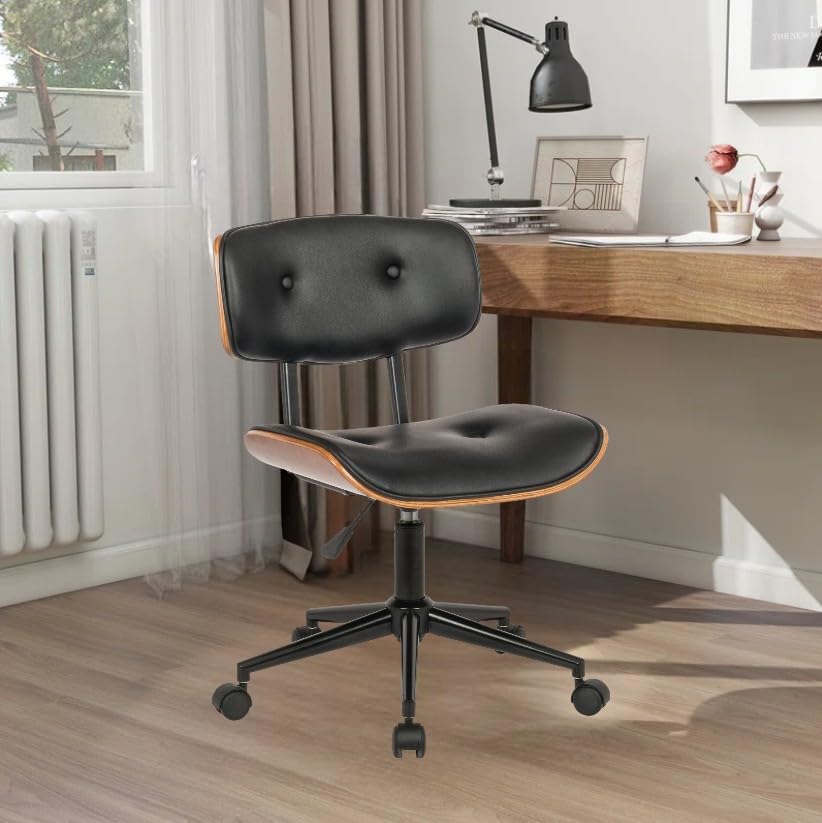 IDS Home Office 360 Degree Swivel Task Chair, Adjustable Height Armless Faux Leather Bentwood Ergonomics Excutive Chair, Minimal Modern Computer Chair, Black