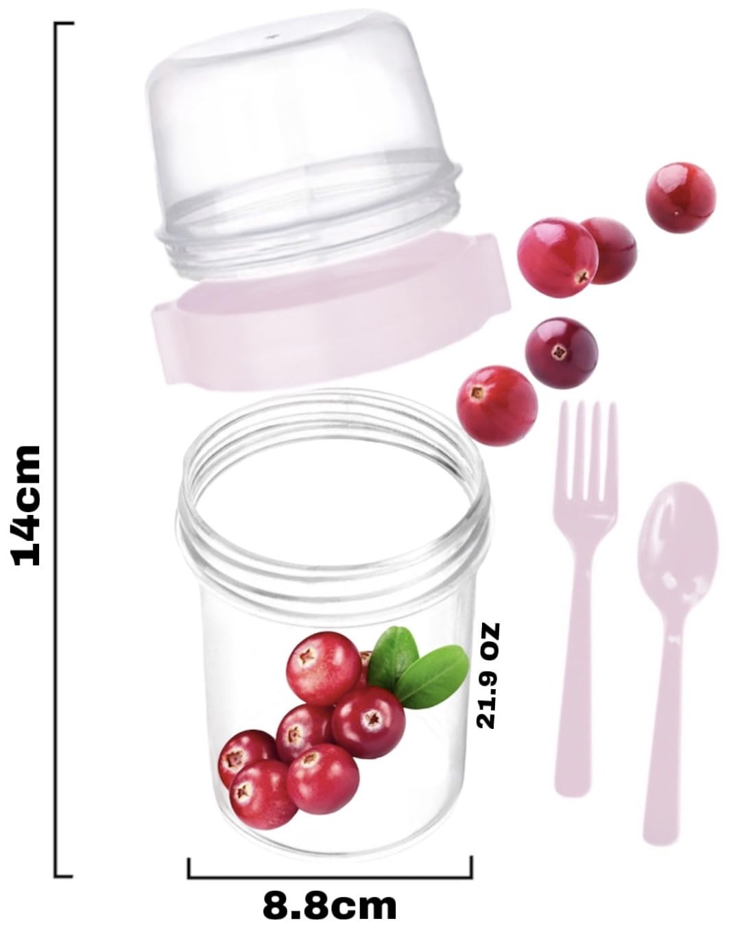 4All 2PCs Reusable BPA Free Museli Pots 800ml Yoghurt Cup with Spoon & Fork Breakfast Pots to GO Cereal On the Go Dishwasher Safe Oatmeal Jars - Image 2