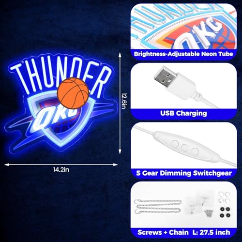 Image of Basketball Team Neon Sign, Sport Light Up Dimmable OKC City Basketball Team Logo Hanging USB Powered Led Neon Sign for Wall Decor, Bedroom, Man Cave, Party, Birthday Party Christmas Merch Deco Gift for OKC Boys Teens Fans