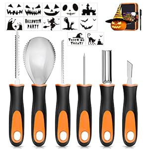 Halloween Pumpkin Carving Kit, 6 Pcs Pumpkin Carving Knife with 12 Stencils 1 Mark Pen 1 Storage Bag, Professional…