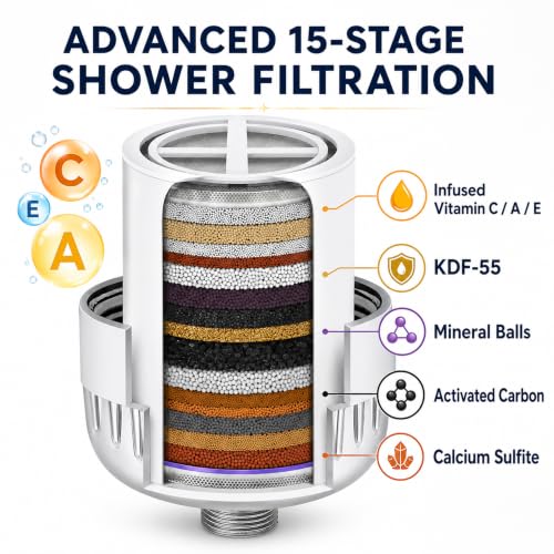 Cabezal de Ducha Filtrado con Filtro de Ducha de 15 Etapas – Filtro de Agua Dura de Acero Inoxidable para Cabello y Piel, Filtro de Cloro con Vitamina C, Capa de Filtro Incorporada, 3 Cartuchos miniatura 3
