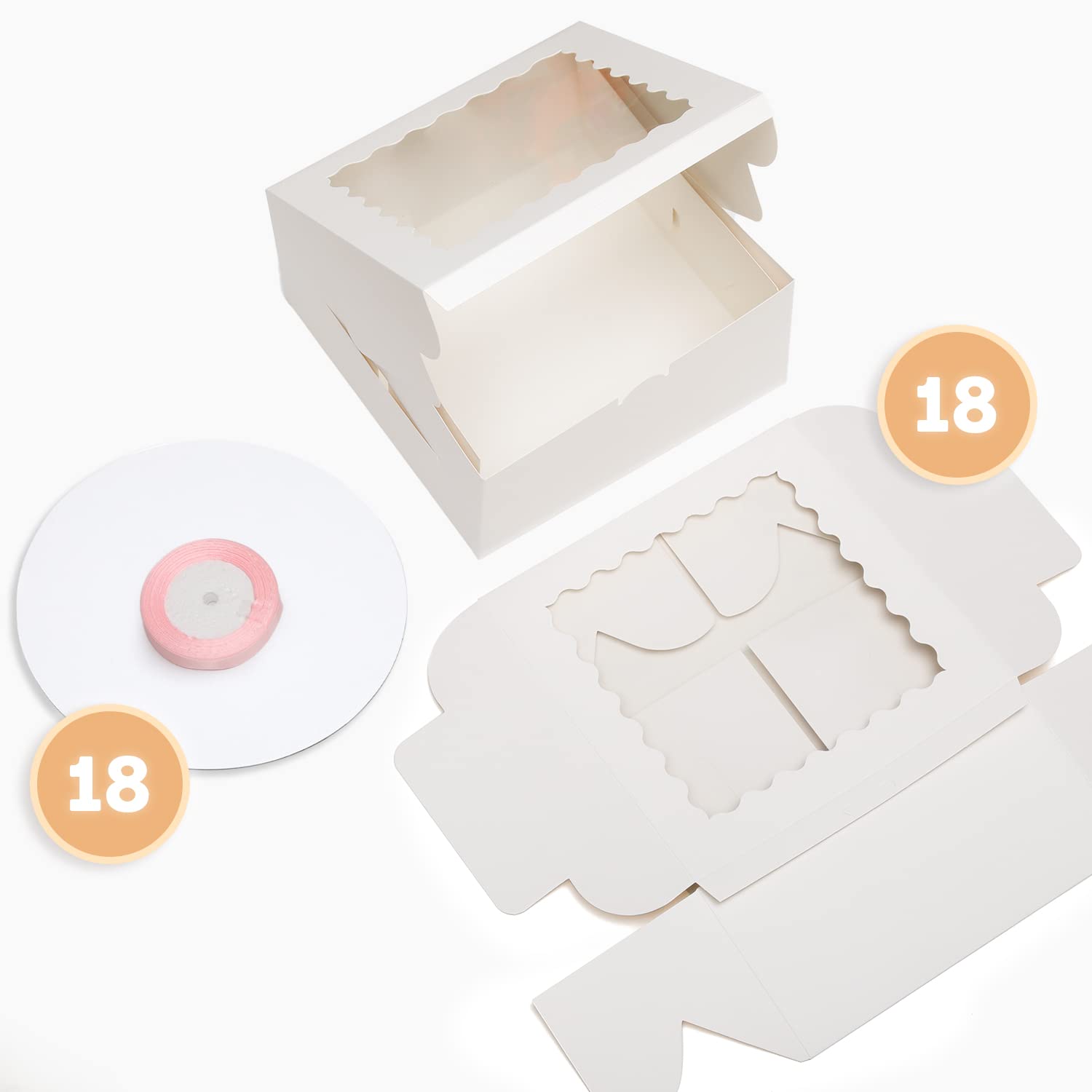 Bakepacker 36 cajas de panadería blancas de 6 x 6 x 5 pulgadas con ventana, 18 cajas de panadería de 6 pulgadas (18 cajas para tartas + 18 tablas para tartas + cinta de seda de 10 metros incluida