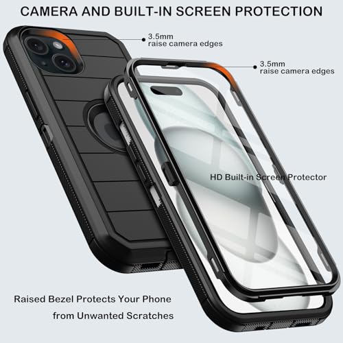 for iPhone 15 Plus Case with Belt Clip Holster,Built-in Screen Protector,Heavy Duty Shockproof Drop Protection Military Grade 3 Layers Rugged Phone Cover with Kickstand for Apple 15 Plus 6.7” (Black) by KECAI - Image 2