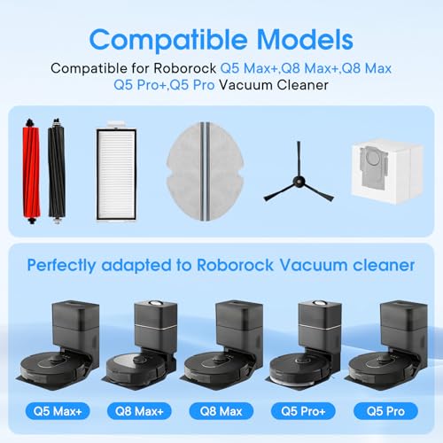 Image of 17 Pcs Replacement Accessories Fit for Roborock Q8 Max /Q8 Max+, Q5 Pro /Q5 Pro+,Q5 Max+,Q5 DuoRoller+ Robot Vacuum,1 Main Brush,6 Side Brushes,4 Filters,4 Bags,2 Tools