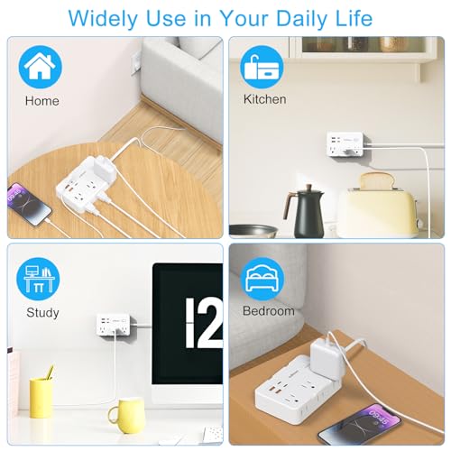 Flat Plug Power Strip Surge Protector, 5ft Ultra Thin Extension Cord with 4 USB Wall Charger(2 USB C Port), 6 Widely-Spaced Outlets Power Strip Compact for Travel, Office, Dorm Room Essentials (White)