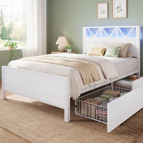 Image of LIKIMIO Twin XL Bed Frames with 2 Storage Drawers, Lights, Charging Station