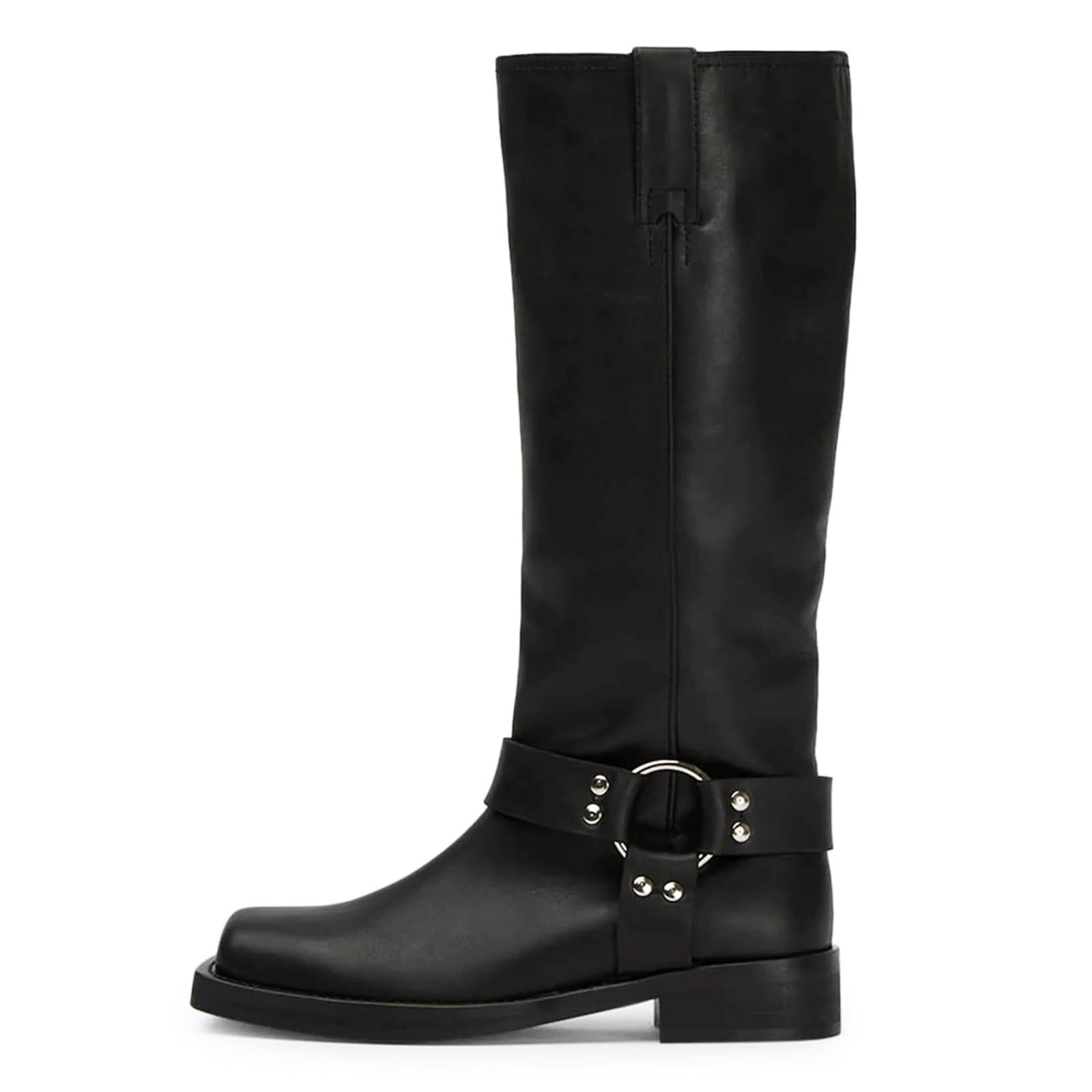 Womens Knee High Riding Boots Leather Studds Biker Boot Square Toe Block Chunky Heel Slip on Tall Motorcycle