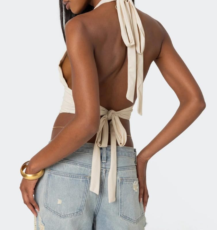 Women Backless Halter Crop Top Sexy Deep V Neck Open Back Camisole Y2K Slim Fit Summer Sleeveless Going Out Tops - Image 5