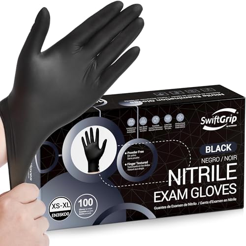 SwiftGrip Disposable Nitrile Gloves Black Nitrile Gloves Disposable Latex Free for Cooking & Esthetician Food-Safe Rubber Gloves Powder Free Non-Sterile 100-ct Box (Medium)