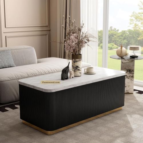Image of Luxury Rectangle Black Coffee Table with Nano Composite Marble-Look Top & Gold Base, Waterproof Plywood, Contemporary Center Table with Ribbed Fluted Design for Living Room & Home Decor