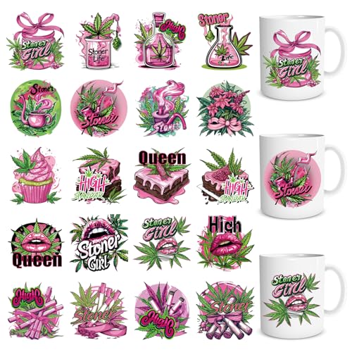 Shejdgart Weed UVDTF Cup Wraps - 20 Sheets 420 UV DTF Decals for 16 OZ Glass Cups, Lip Cupcake Pink Stickers, Waterproof Rub on Transfers for Water Bottle Mug, DIY Crafts