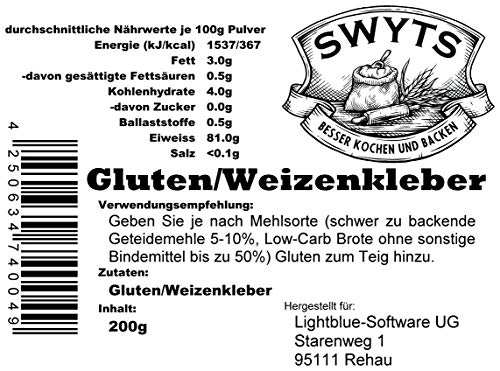 200g Gluten/Weizenkleber - für bessere Teigstruktur und Low-Carb-Rezepte - Backen und Kochen wie die Profis mit Qualität von von SWYTS - mind. 12 Monate MHD