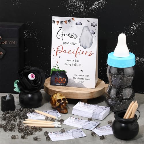 Image of Roowest 512 Pcs Baby Shower Games Guess How Many Pacifiers Sign 100 Small Guessing Games 10 HB Pencils 750ml Milk Bottle 400 Acrylic Pacifiers Decoration for Guest Gender Reveal(Blue,Halloween)